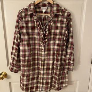 Soft Surroundings Christmas Plaid Ruffle Button Down Long Shirt Petite Small